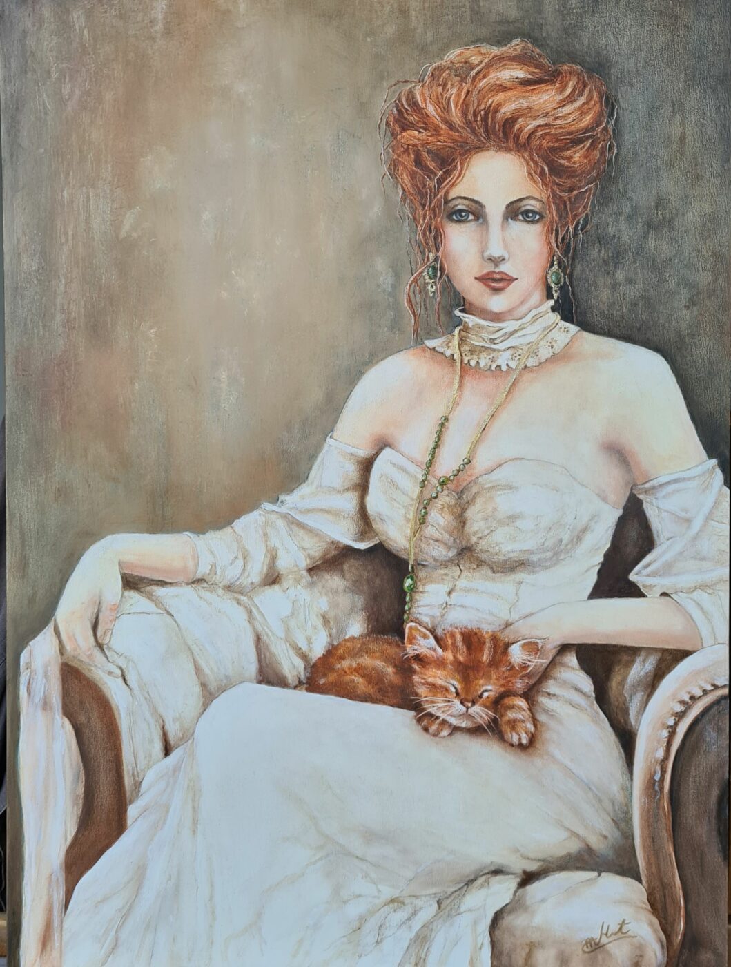 Mademoiselle et son chat Huile sur bois – Marie Hachet