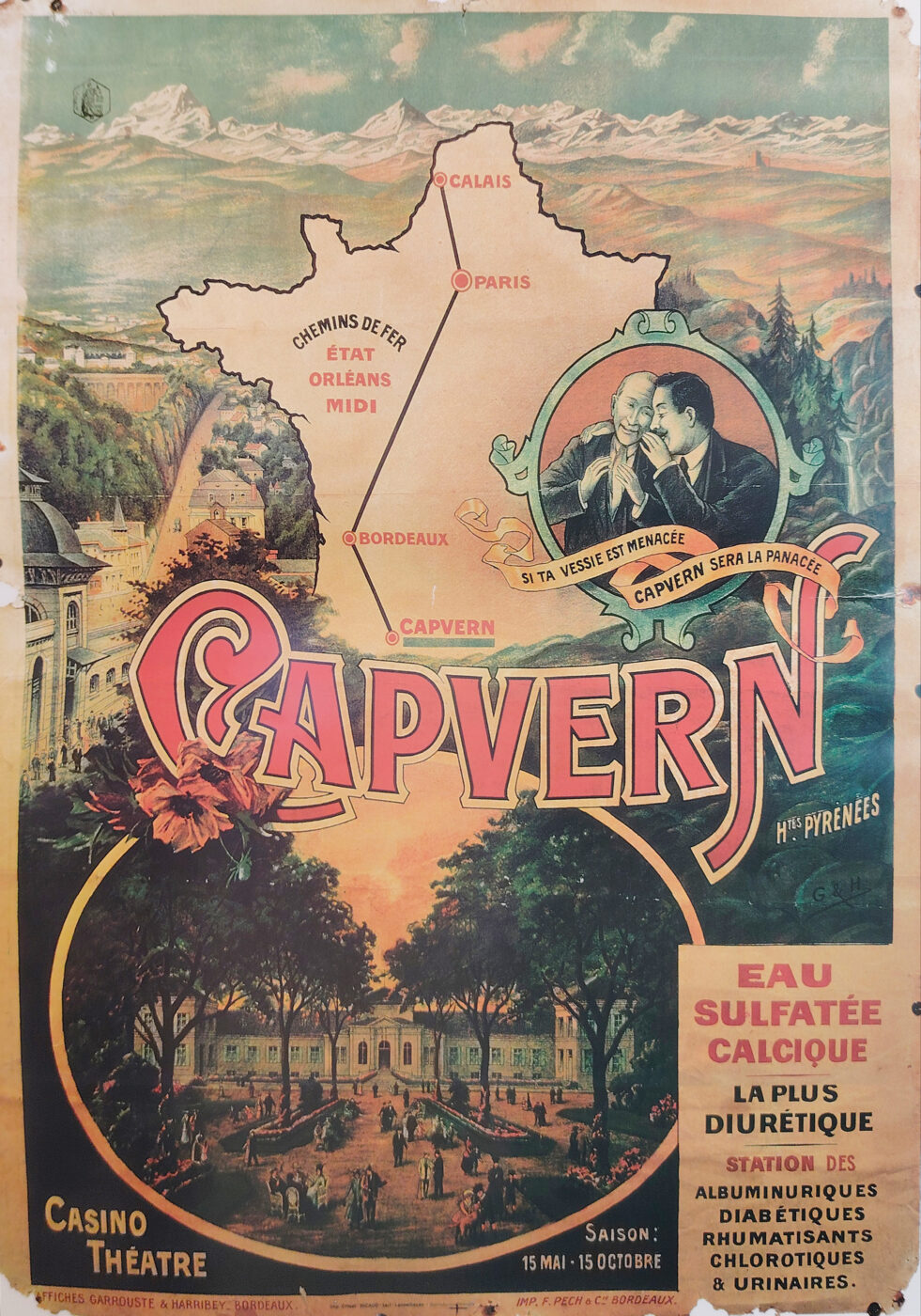 affiche-CBL-Capvern-corrigé Affiche "Si ta vessie est menacée Capvern sera la panacée". Compagnie des chemins de fer.